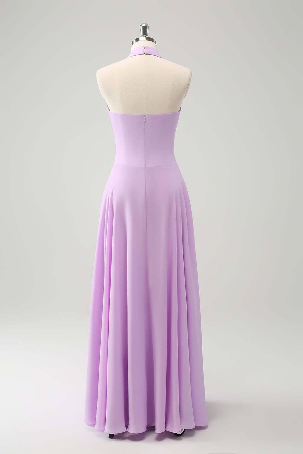 Purple A Line Halter Chiffon Long Backless Bridesmaid Dress