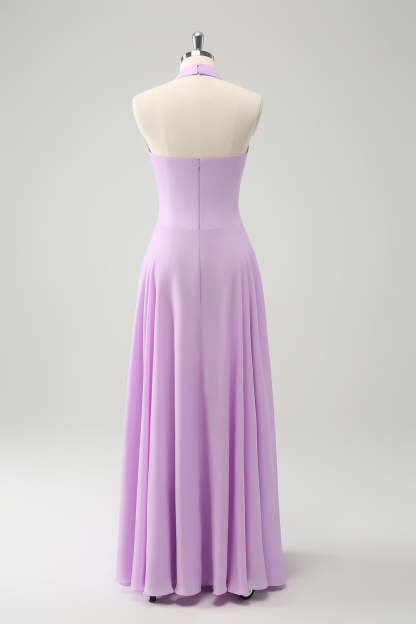 Purple A Line Halter Chiffon Long Backless Bridesmaid Dress