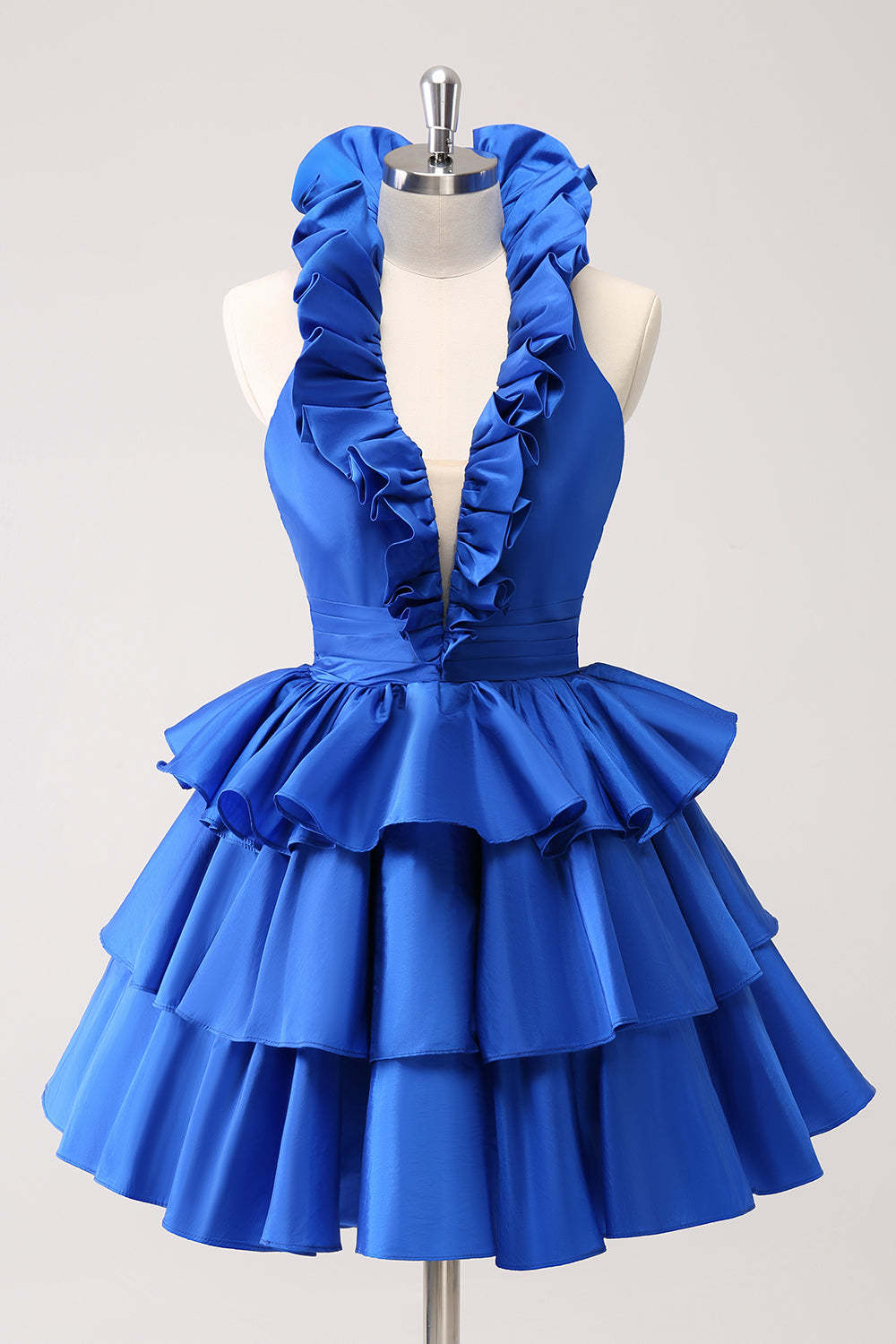 Leely Women Royal Blue Prom Dress Halter Ruffles Tiered A-Line Backless Short Party Dress