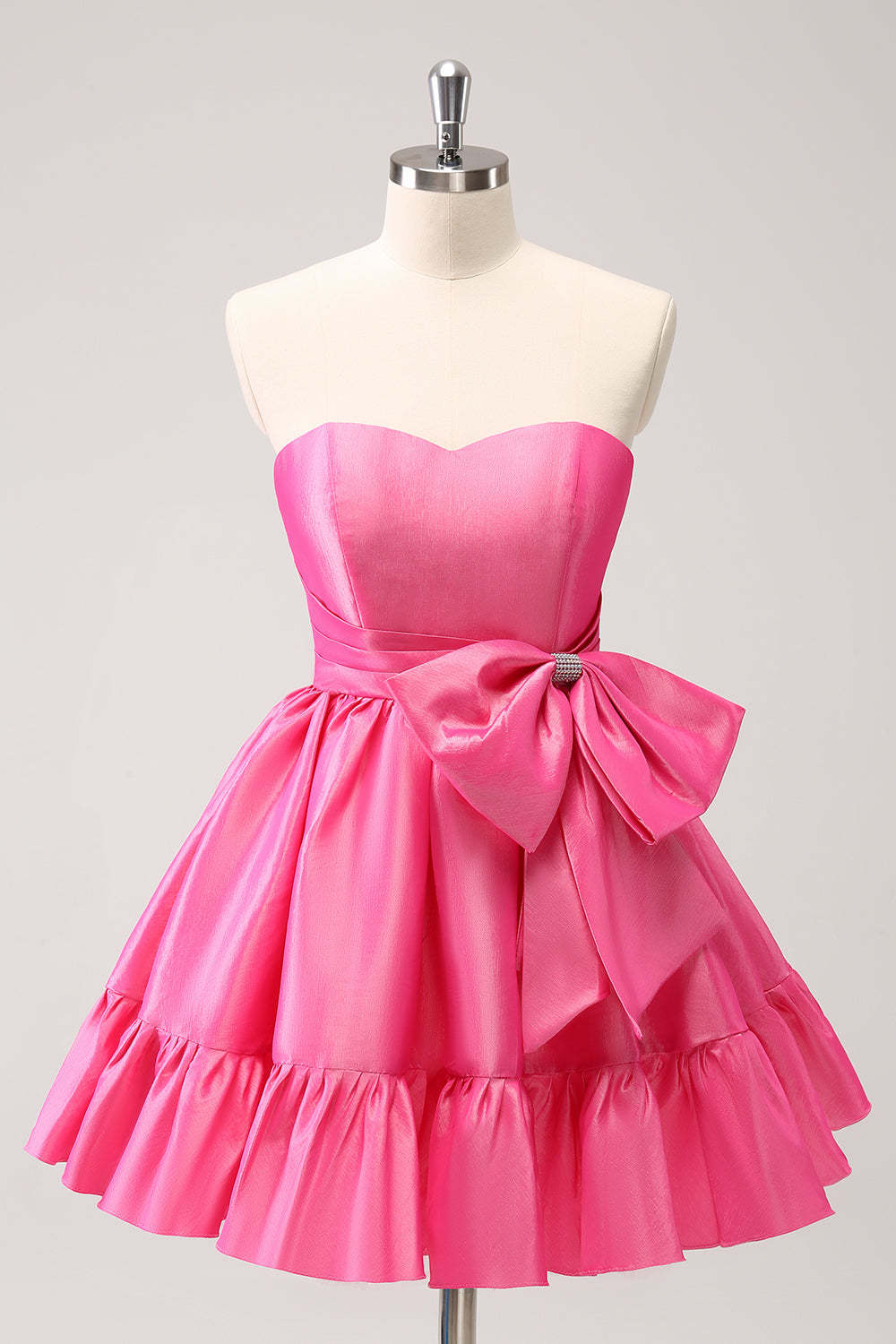 Leely Women Fuchsia Strapless A-Line Short Ruffle Prom Dress with Bow Cute Cocktail Dress