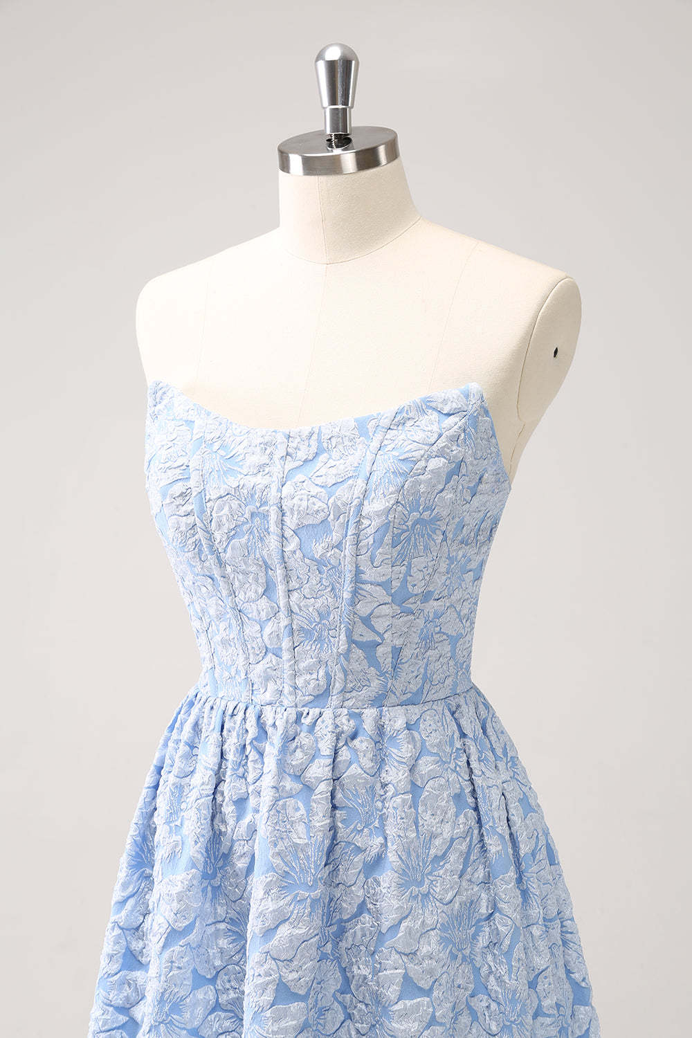 Blue Floral Strapless A-Line High Low Bridesmaid Dress
