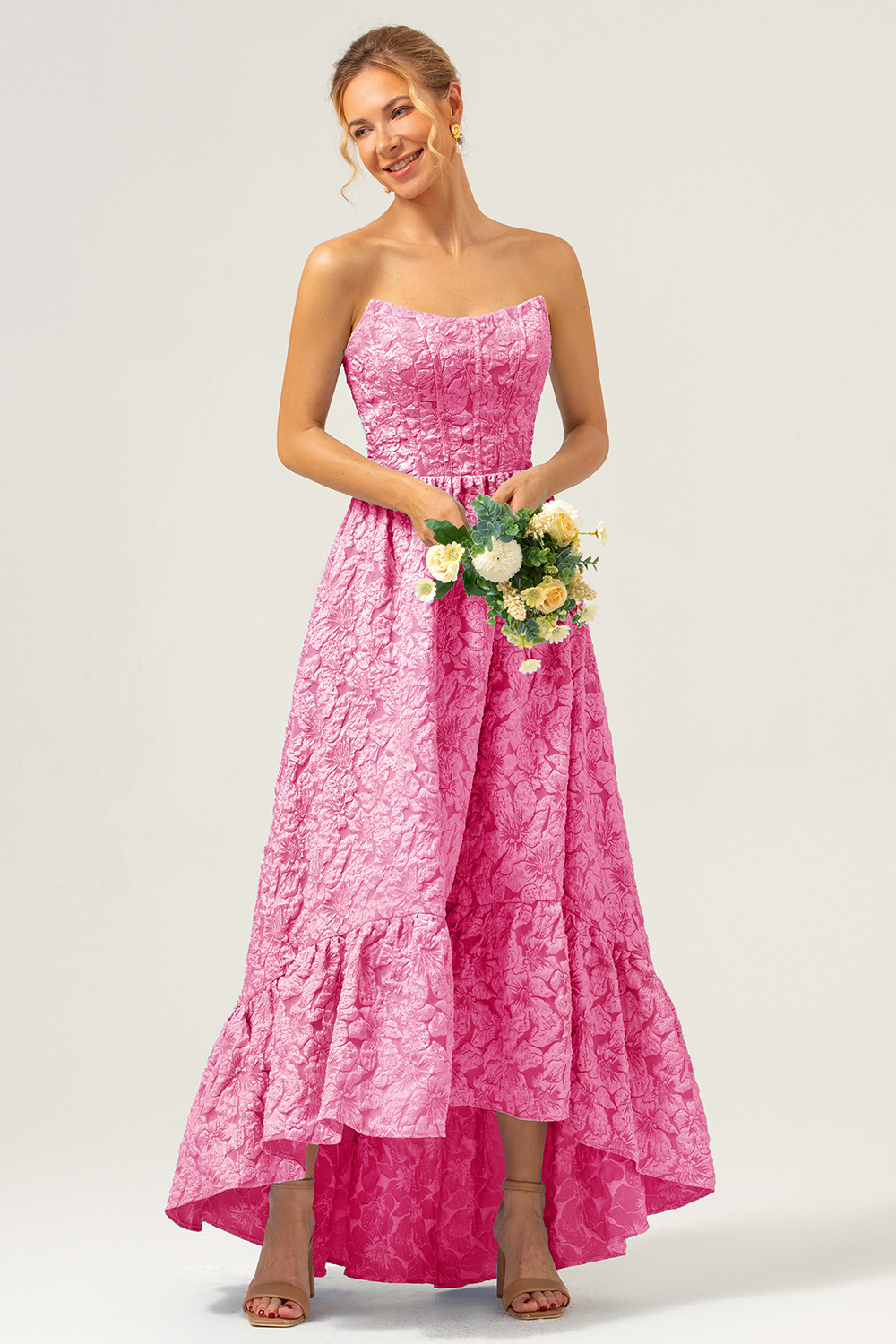 Blue Floral Strapless A-Line High Low Printed Bridesmaid Dress