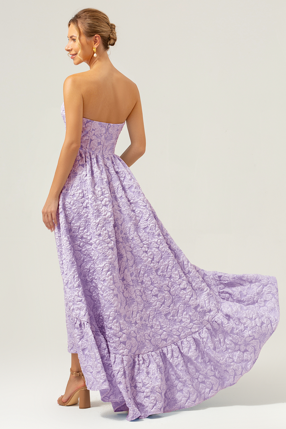 Blue Floral Strapless A-Line High Low Printed Bridesmaid Dress