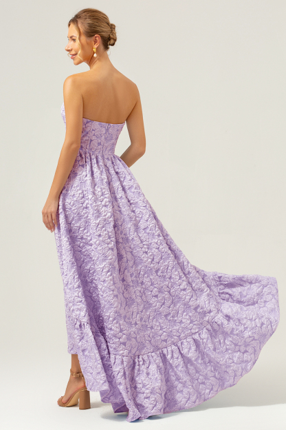 Blue Floral Strapless A-Line High Low Printed Bridesmaid Dress