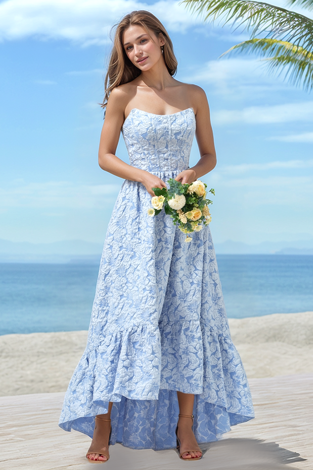 Leely Women Blue Floral Strapless A-Line High Low Bridesmaid Dress