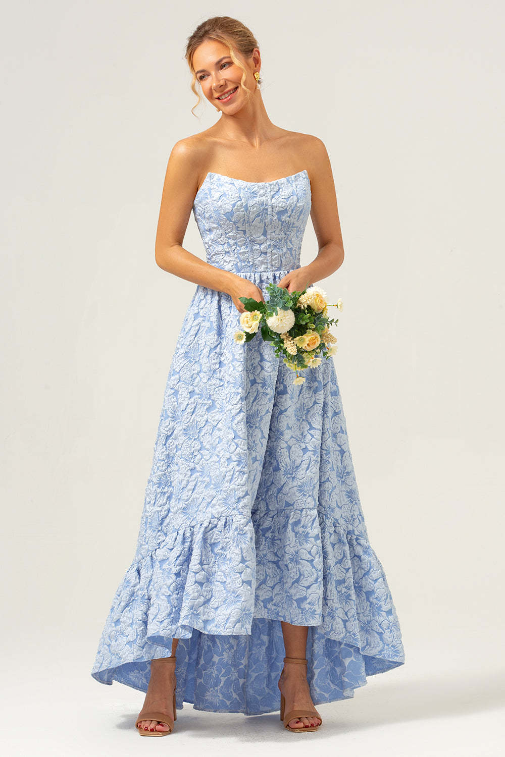 Leely Women Blue Floral Strapless A-Line High Low Bridesmaid Dress