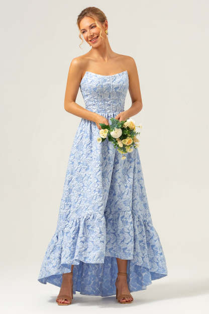 Leely Women Blue Floral Strapless A-Line High Low Bridesmaid Dress