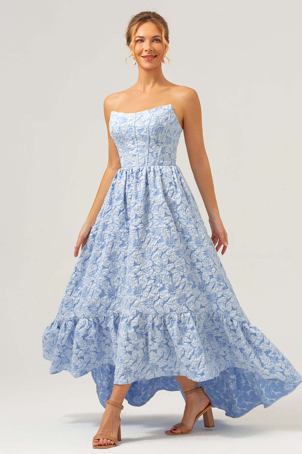 Blue Floral Strapless A-Line High Low Printed Bridesmaid Dress