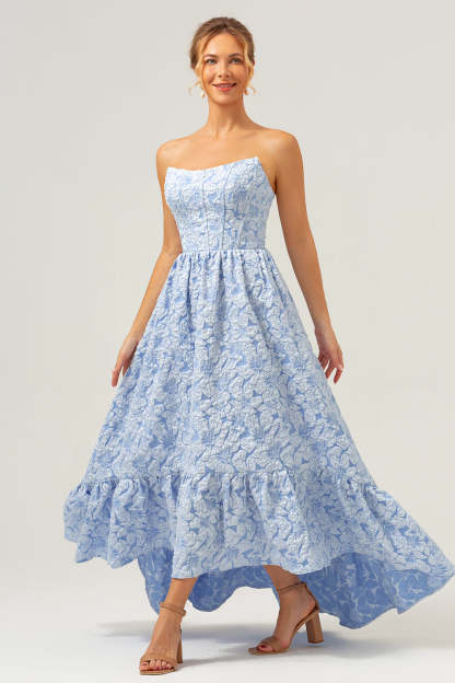 Blue Floral Strapless A-Line High Low Printed Bridesmaid Dress