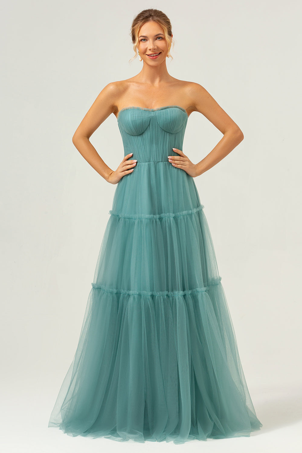 Leely Women Eucalyptus Strapless Corset Tulle A-Line Bridesmaid Dress