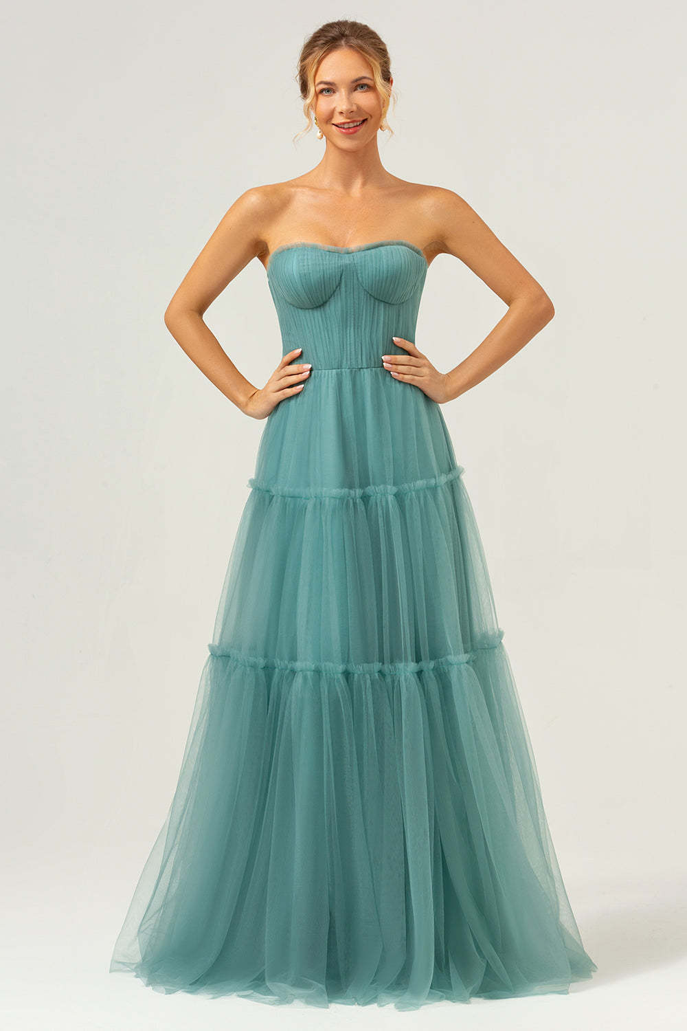 Leely Women Eucalyptus Strapless Corset Tulle A-Line Bridesmaid Dress