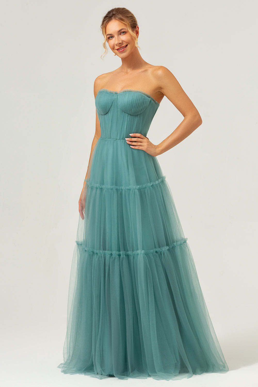 Eucalyptus Strapless Corset Tulle A-Line Tiered Bridesmaid Dress