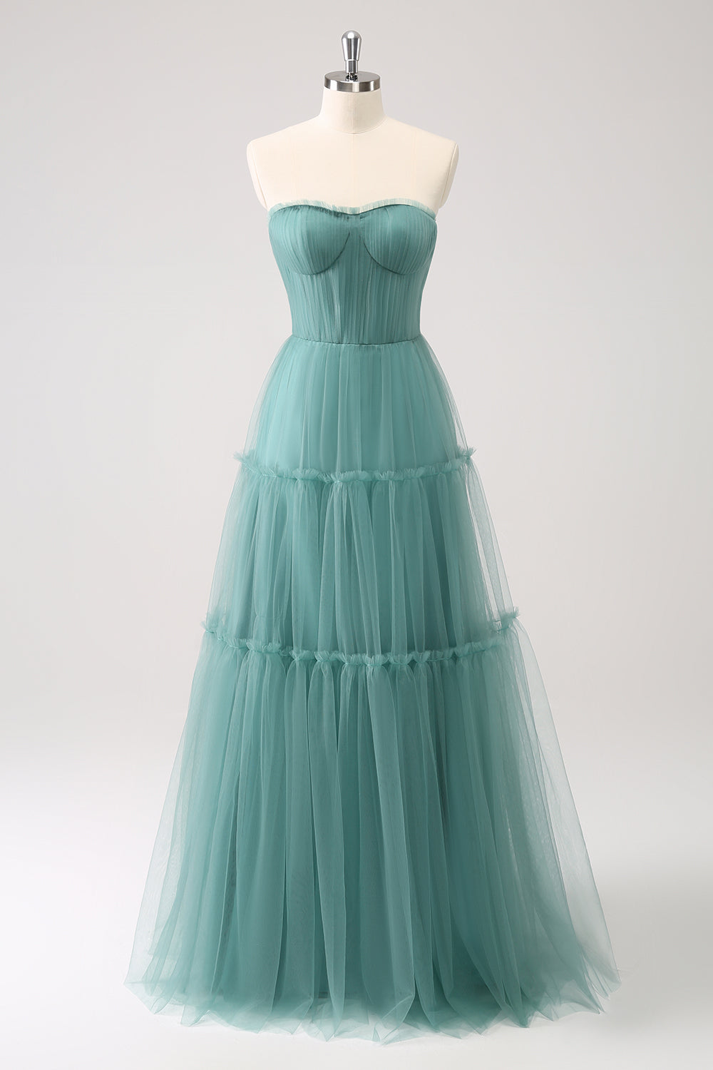 Eucalyptus Strapless Corset Tulle A-Line Tiered Bridesmaid Dress