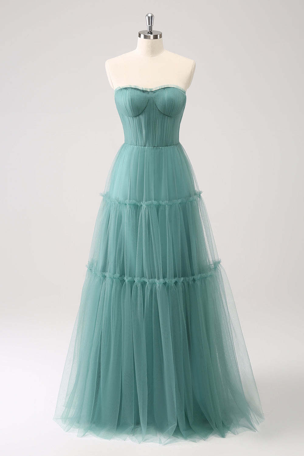 Eucalyptus Strapless Corset Tulle A-Line Tiered Bridesmaid Dress