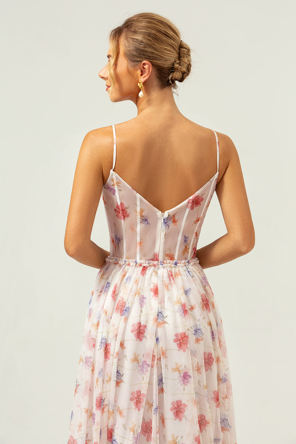 White Red Floral A-Line Spaghetti Straps Printed Bridesmaid Dress