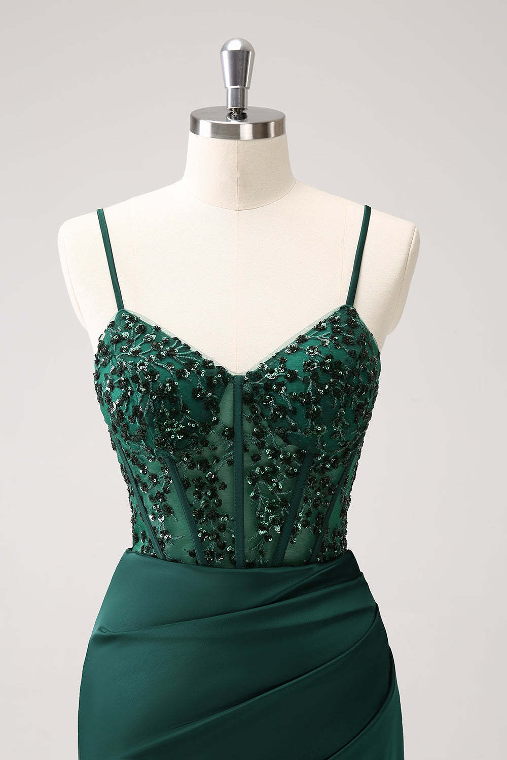 Dark Green Mermaid Spaghetti Straps Satin Long Bridesmaid Dress with Slit