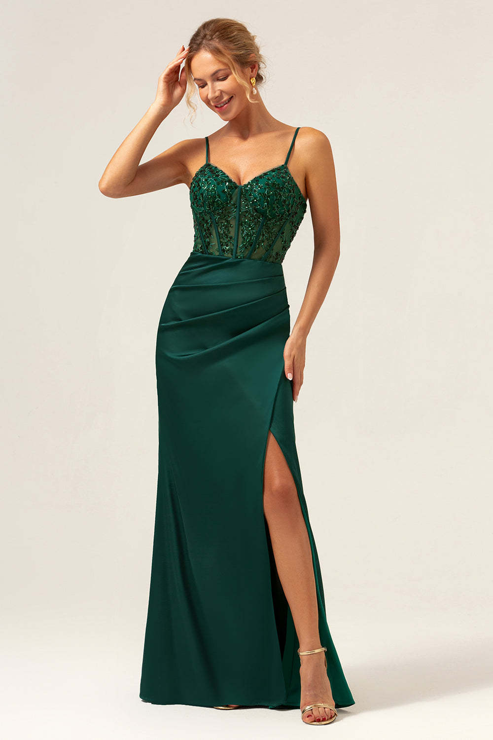 Leely Women Dark Green Bridesmaid Dress with Slit Spaghetti Straps Mermaid Satin Long Wedding