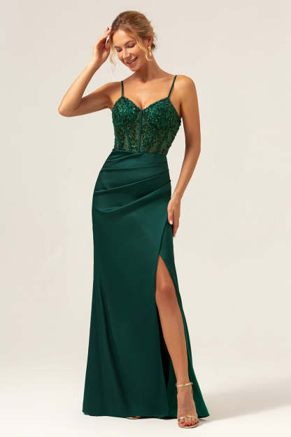 Leely Women Dark Green Bridesmaid Dress with Slit Spaghetti Straps Mermaid Satin Long Wedding