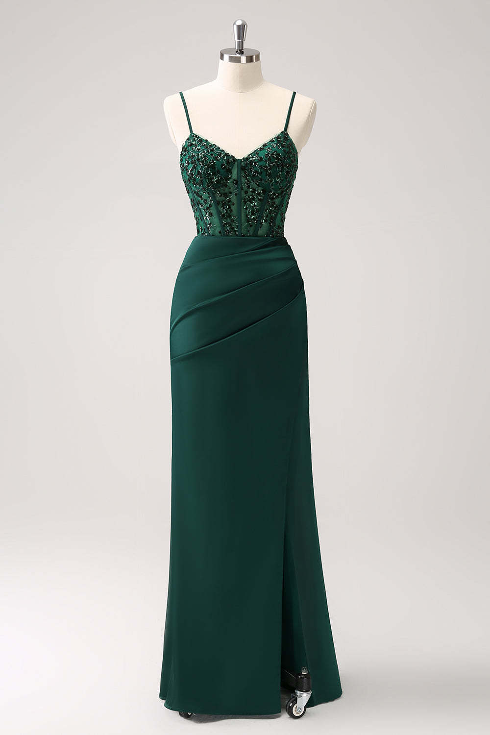 Leely Women Dark Green Bridesmaid Dress with Slit Spaghetti Straps Mermaid Satin Long Wedding