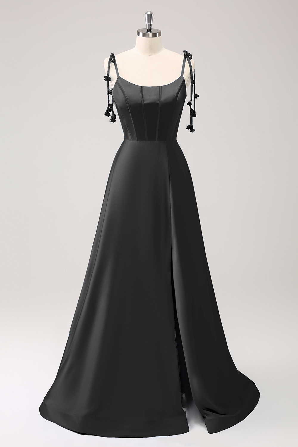 Blue A Line Spaghetti Straps Satin Floor Length Dress with Slit