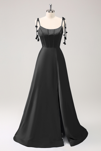 Blue A Line Spaghetti Straps Satin Floor Length Dress with Slit