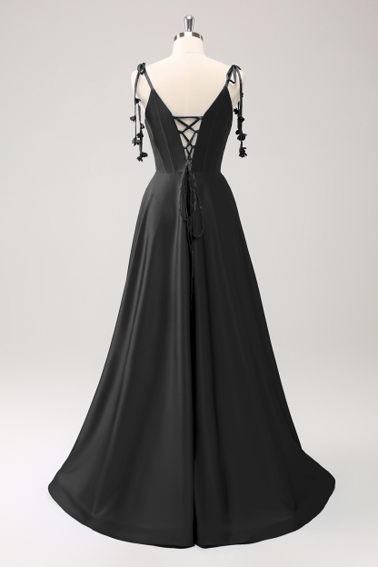 Blue A Line Spaghetti Straps Satin Floor Length Dress with Slit