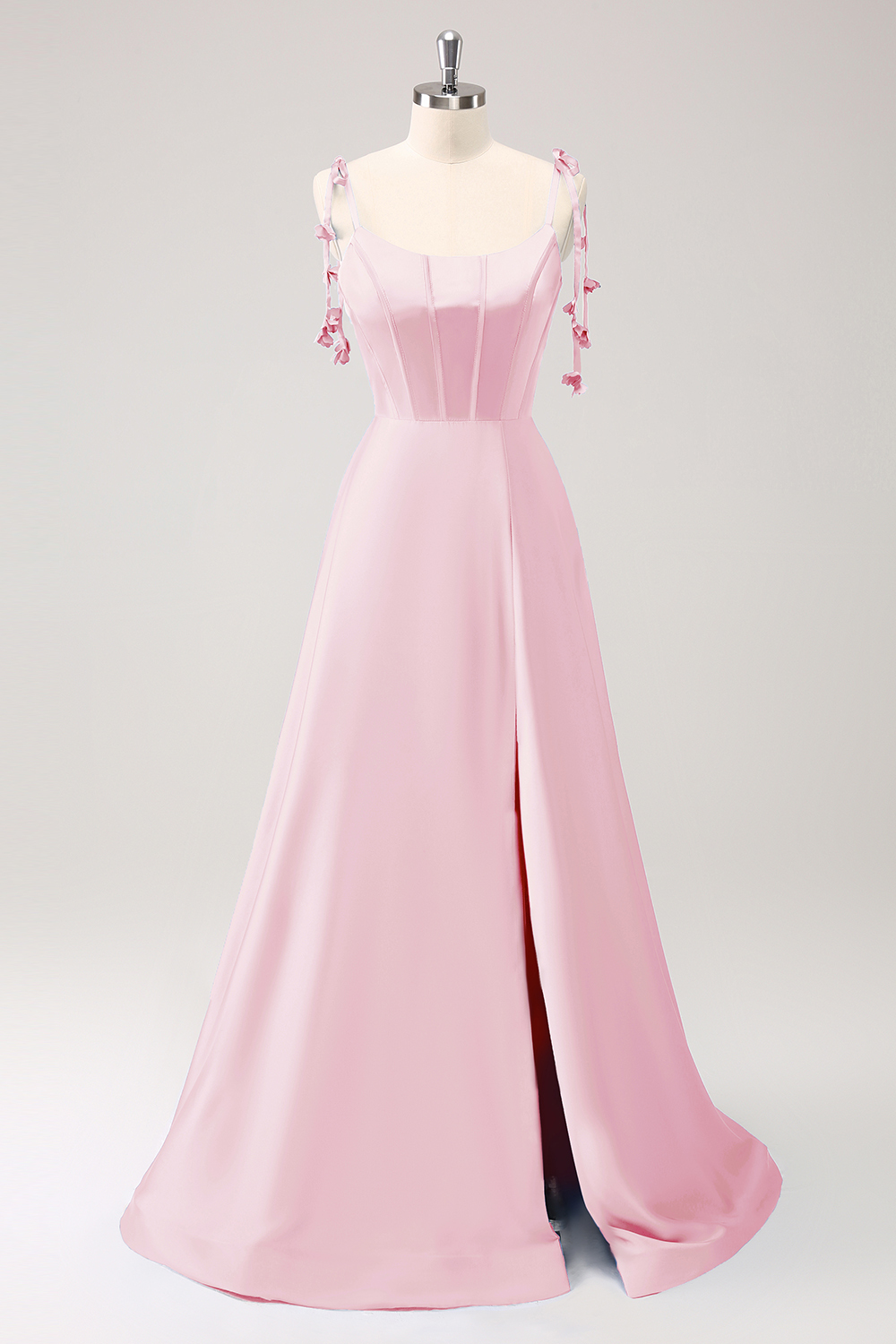 Blue A Line Spaghetti Straps Satin Floor Length Dress with Slit