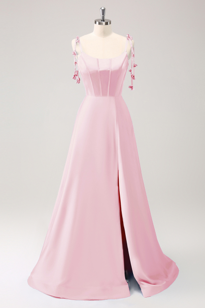 Blue A Line Spaghetti Straps Satin Floor Length Dress with Slit