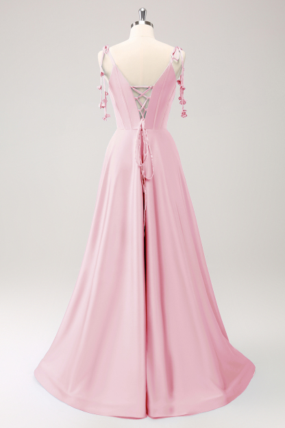 Blue A Line Spaghetti Straps Satin Floor Length Dress with Slit