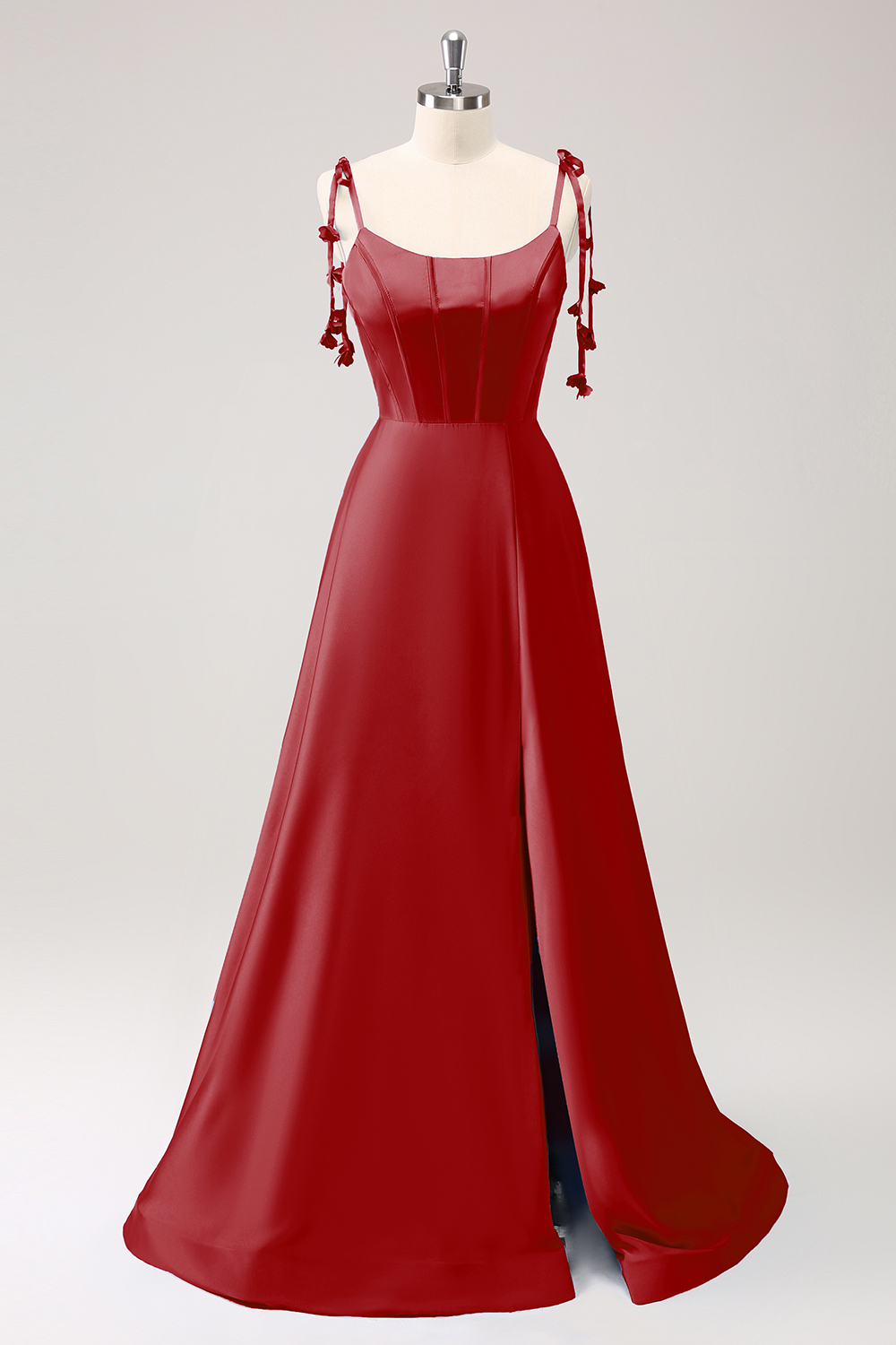 Blue A Line Spaghetti Straps Satin Floor Length Dress with Slit