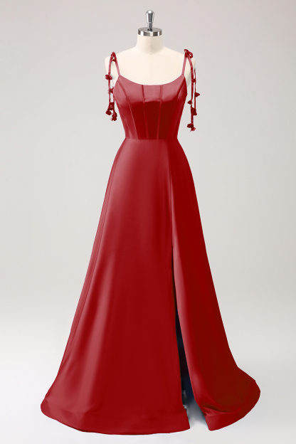 Blue A Line Spaghetti Straps Satin Floor Length Dress with Slit