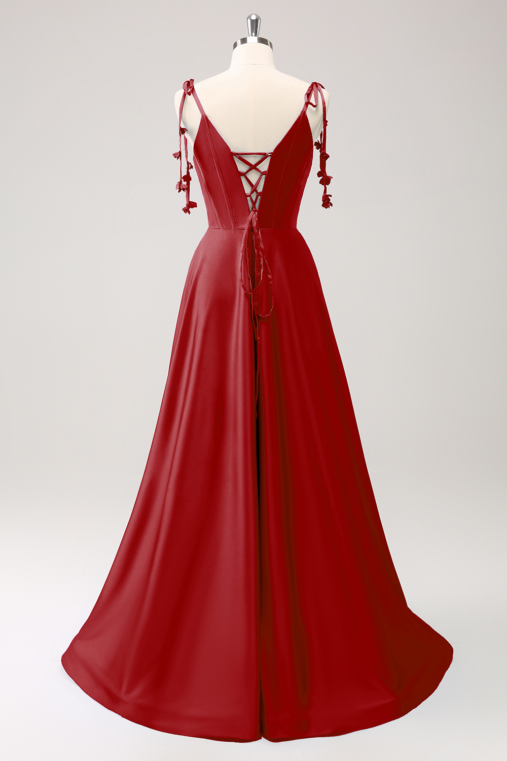 Blue A Line Spaghetti Straps Satin Floor Length Dress with Slit