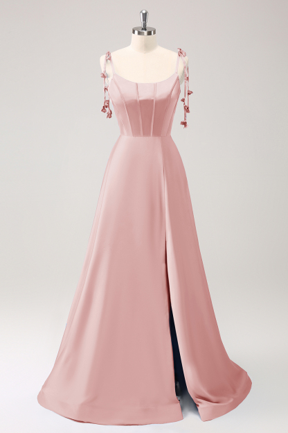 Leely Women Blue Floor Length Dress with Slit A Line Spaghetti Straps Satin Prom Dress