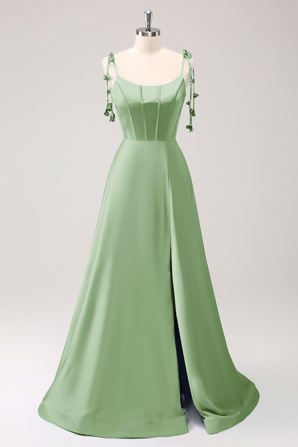 Leely Women Blue Floor Length Dress with Slit A Line Spaghetti Straps Satin Prom Dress