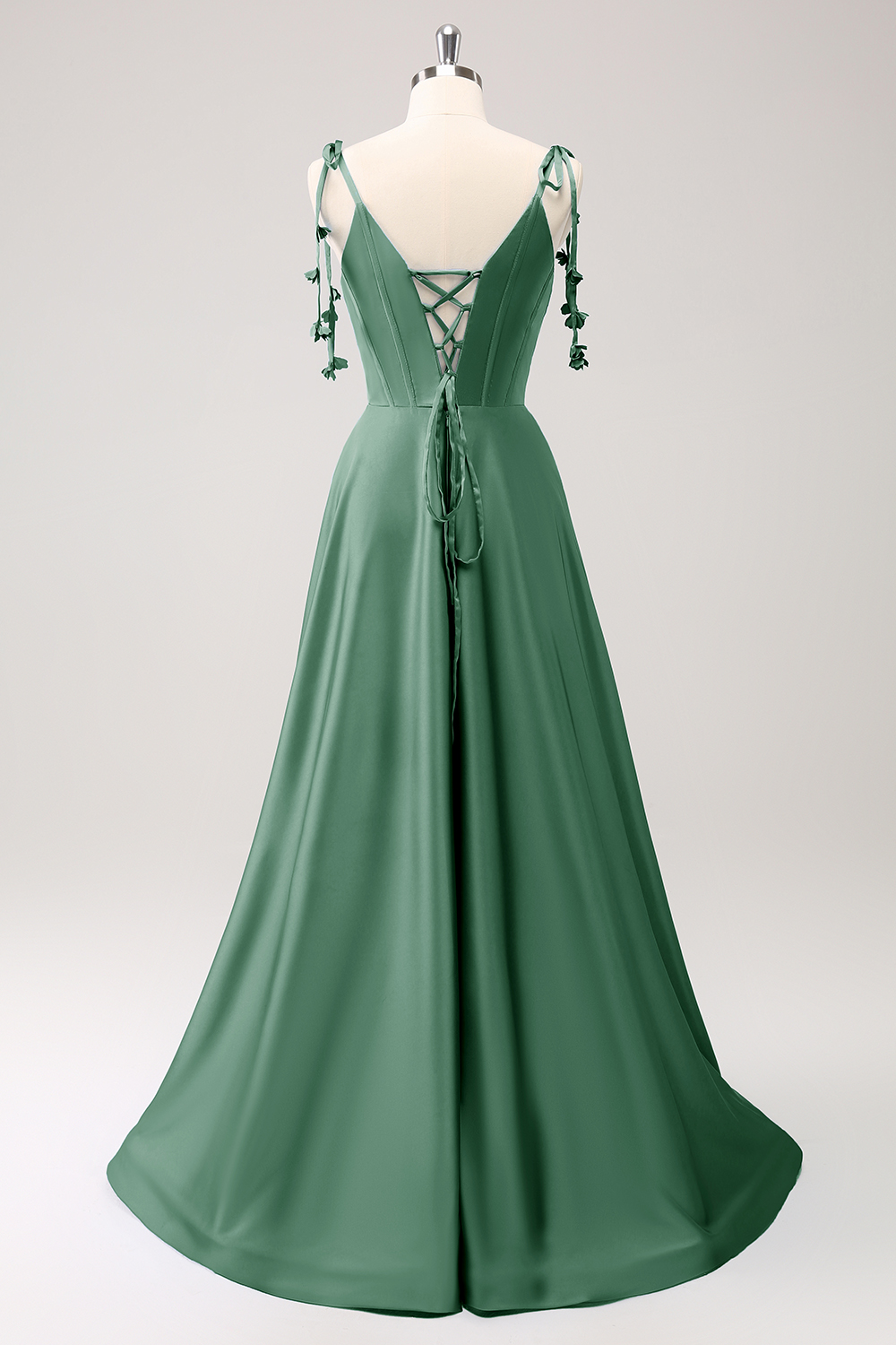 Blue A Line Spaghetti Straps Satin Floor Length Dress with Slit