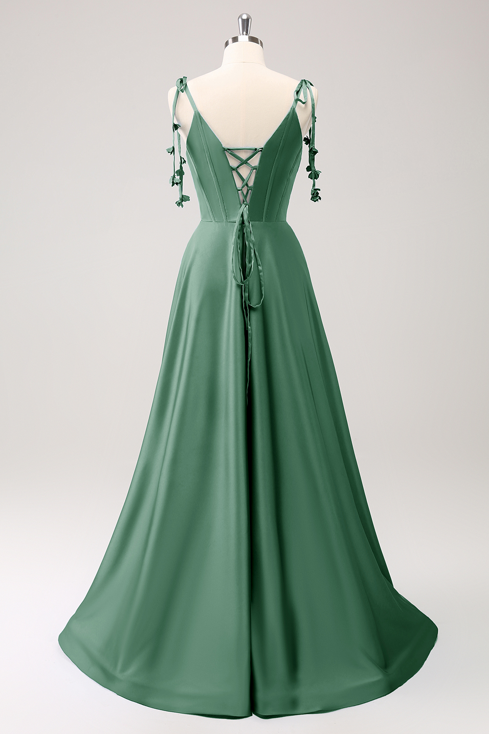 Blue A Line Spaghetti Straps Satin Floor Length Dress with Slit