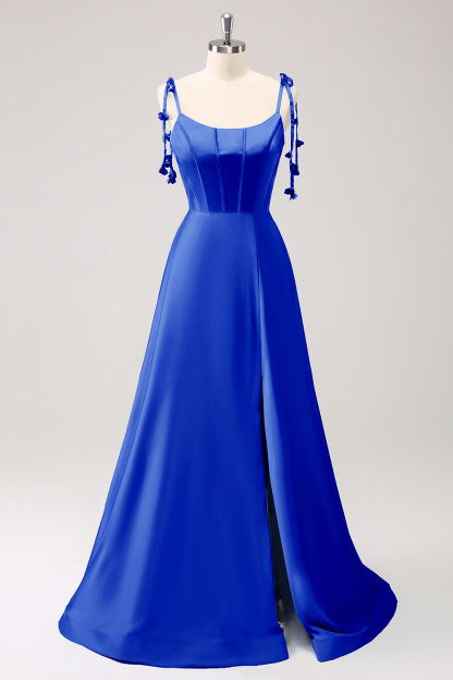Blue A Line Spaghetti Straps Satin Floor Length Dress with Slit