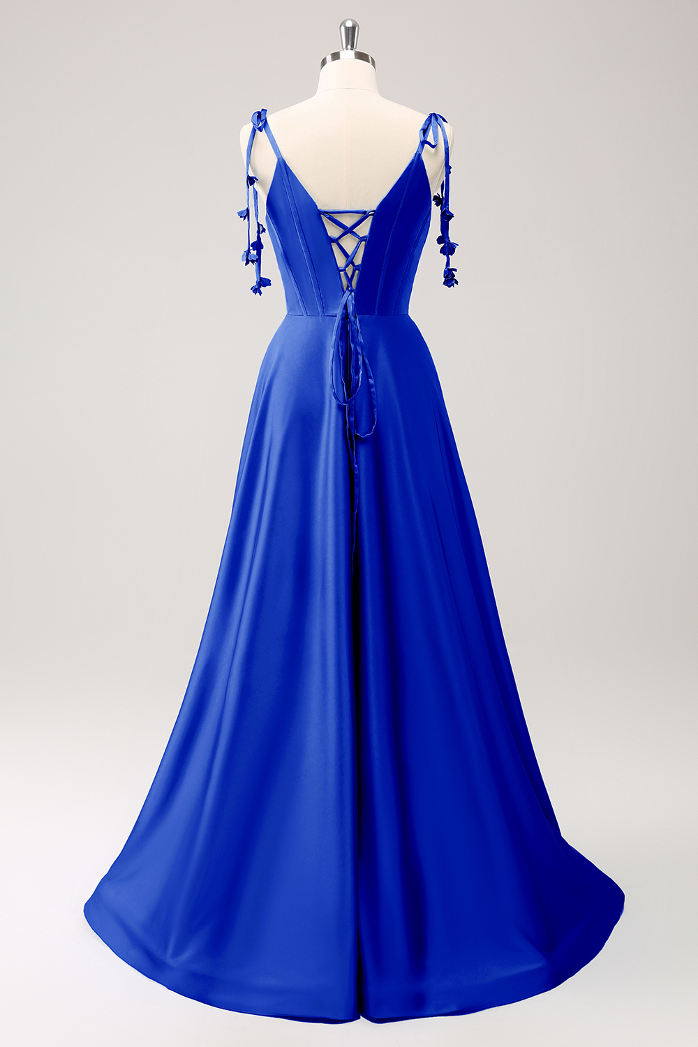 Blue A Line Spaghetti Straps Satin Floor Length Dress with Slit