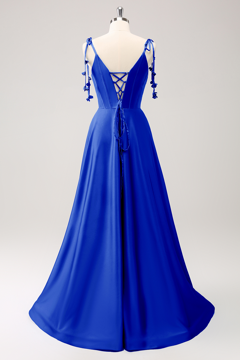 Blue A Line Spaghetti Straps Satin Floor Length Dress with Slit