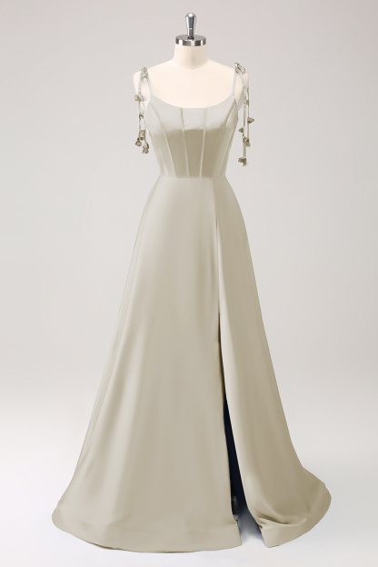 Blue A Line Spaghetti Straps Satin Floor Length Dress with Slit