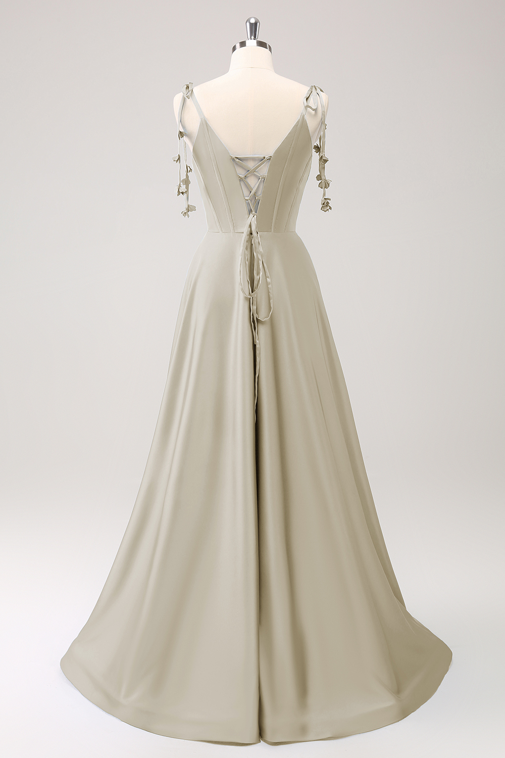 Blue A Line Spaghetti Straps Satin Floor Length Dress with Slit