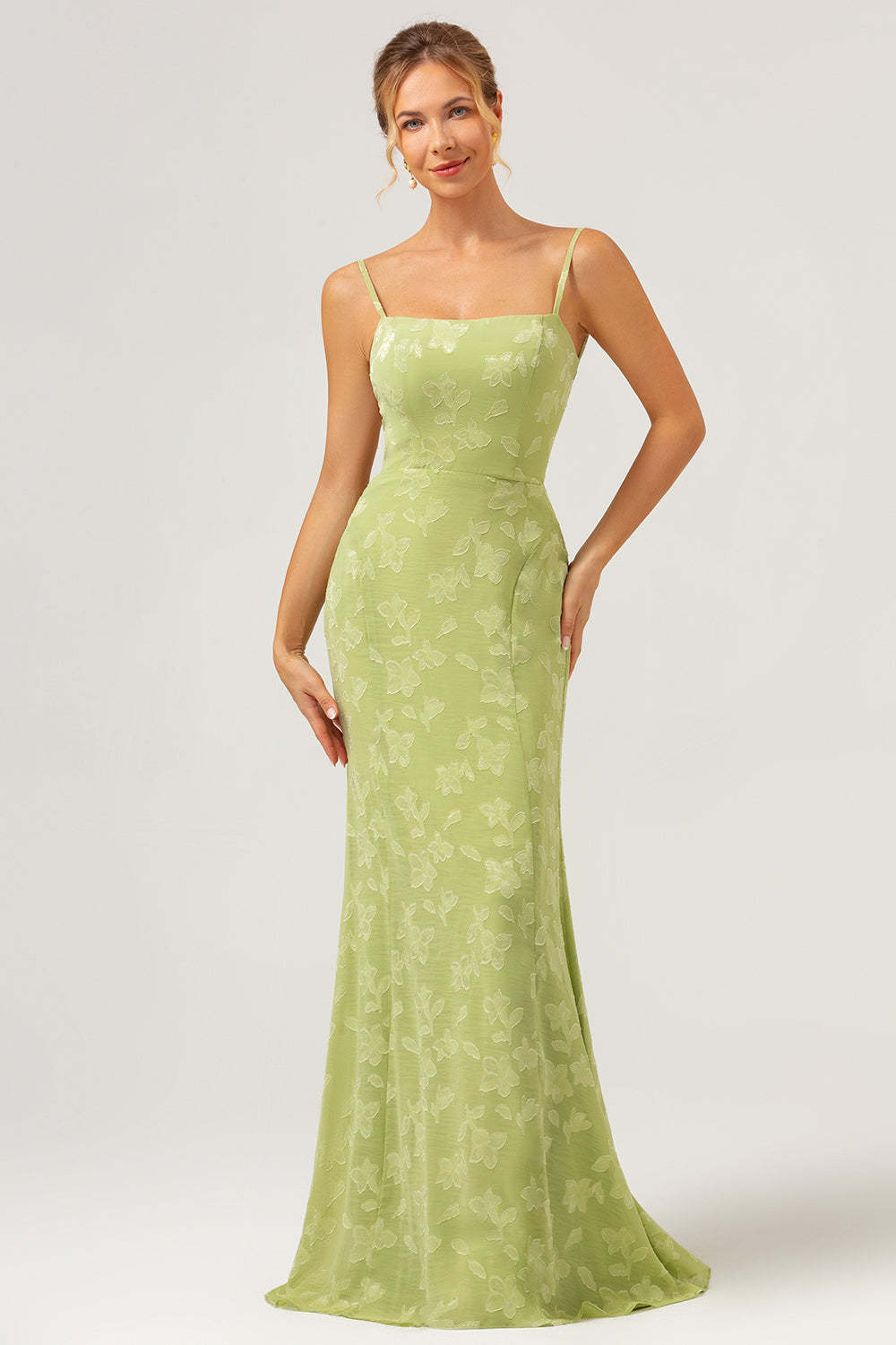 Leely Women Green Embroidery Mermaid Bridesmaid Dress with Lace Up Back Wedding Guest Dress