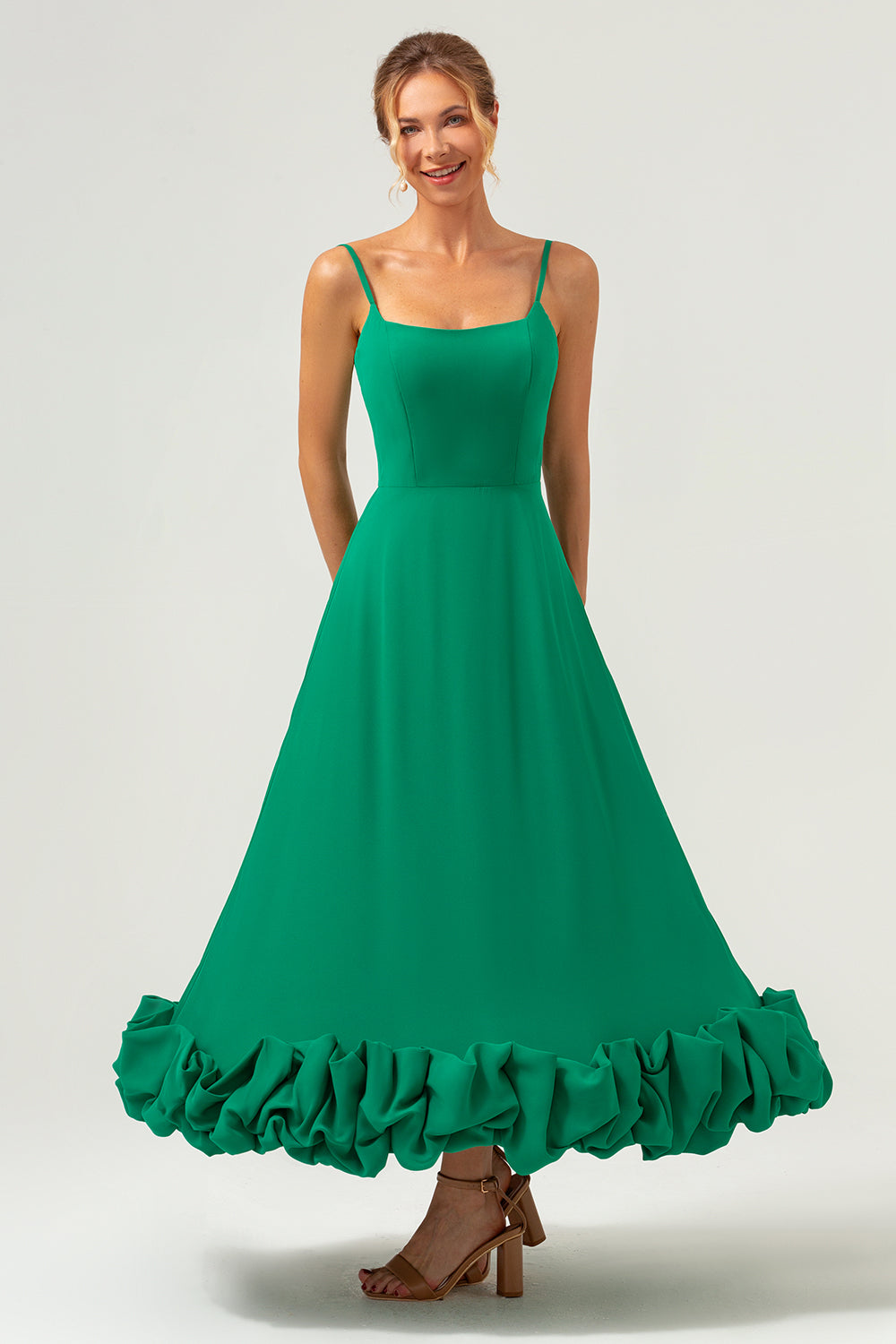 Leely Women Elegant Green Spaghetti Straps A-Line Bridesmaid Dress Tea Length Wedding Guest Dress