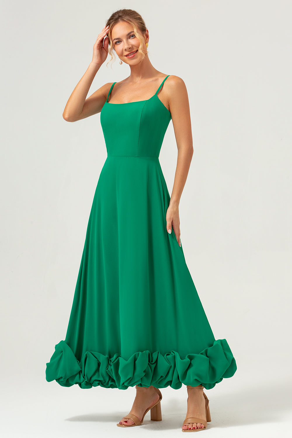 Green Spaghetti Straps A Line Tea Length Bridesmaid Dress