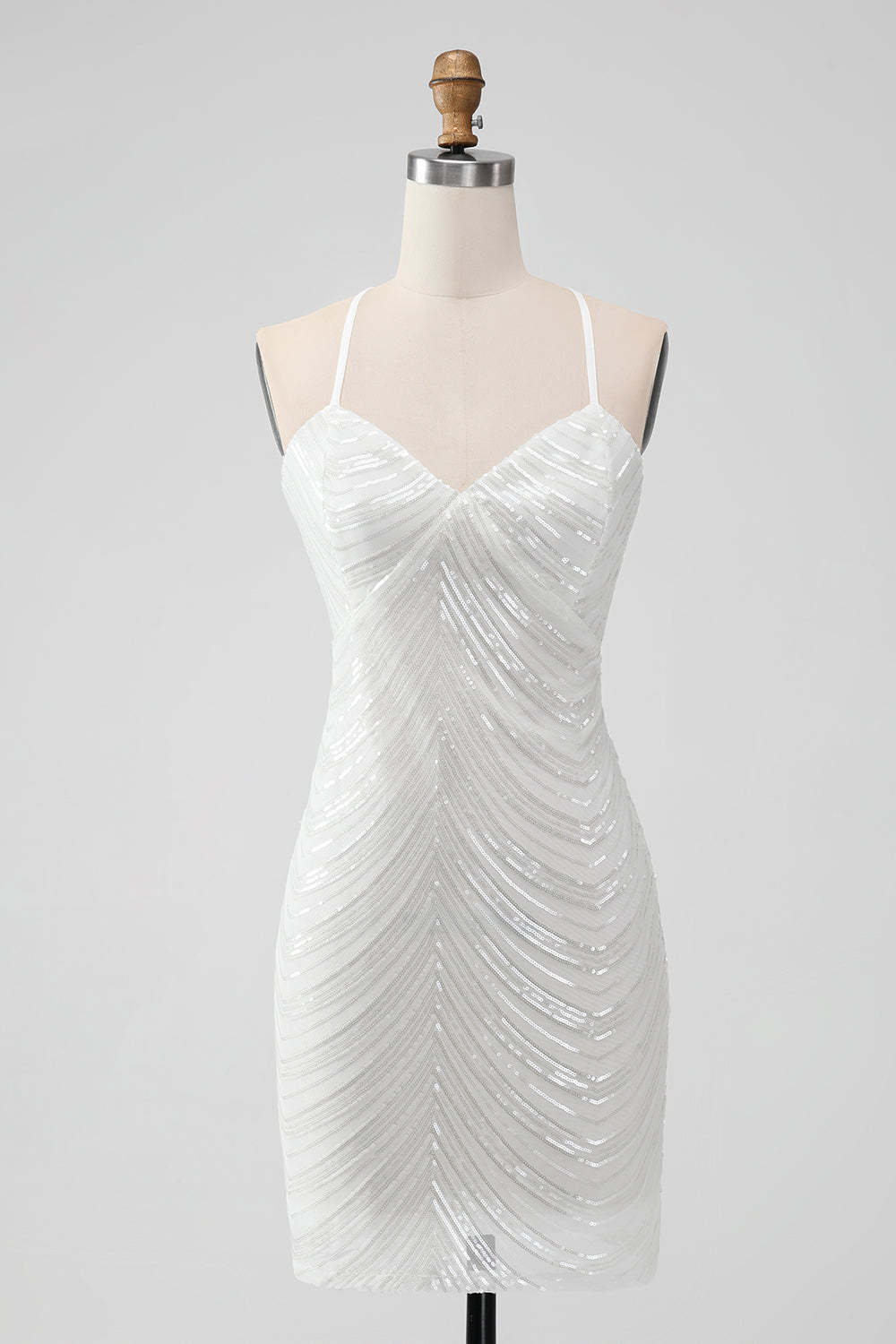 Leely Women Sparkly Sequins White Short Bodycon Homecoming Dress with Criss Cross Back Spaghetti Straps Cocktail Dress