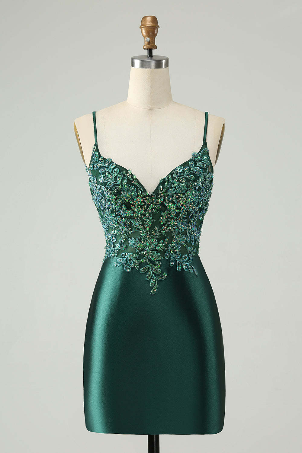 Leely Women Glitter Dark Green Tight Homecoming Dress V Neck Beaded Appliques Cocktail Dress
