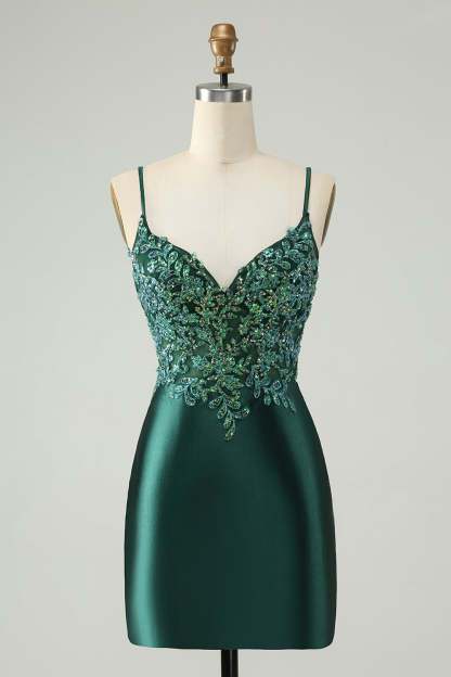 Leely Women Glitter Dark Green Tight Homecoming Dress V Neck Beaded Appliques Cocktail Dress