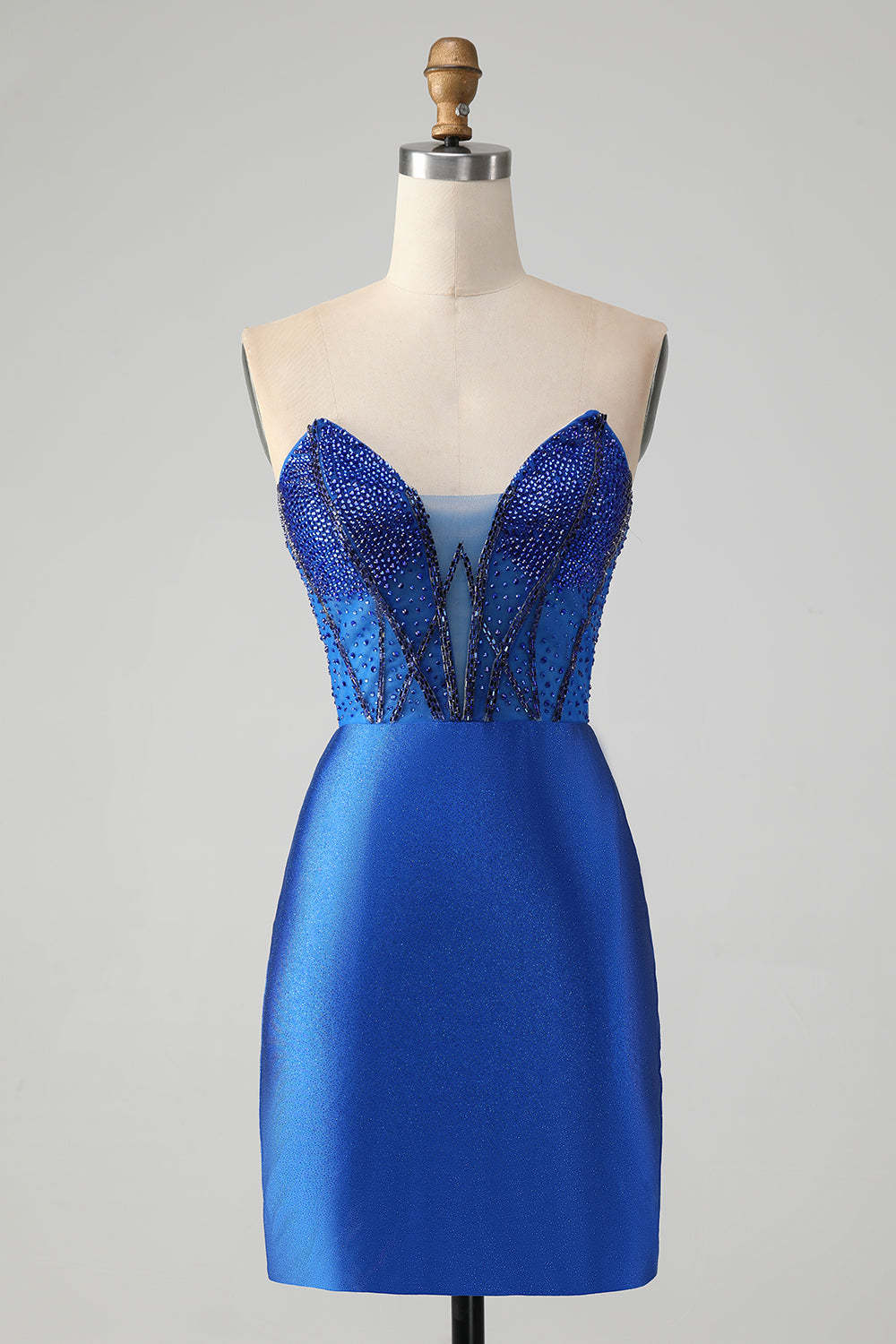Leely Women Glitter Royal Blue Tight Beaded Homecoming Dress Strapless Satin Short Cocktail Dress