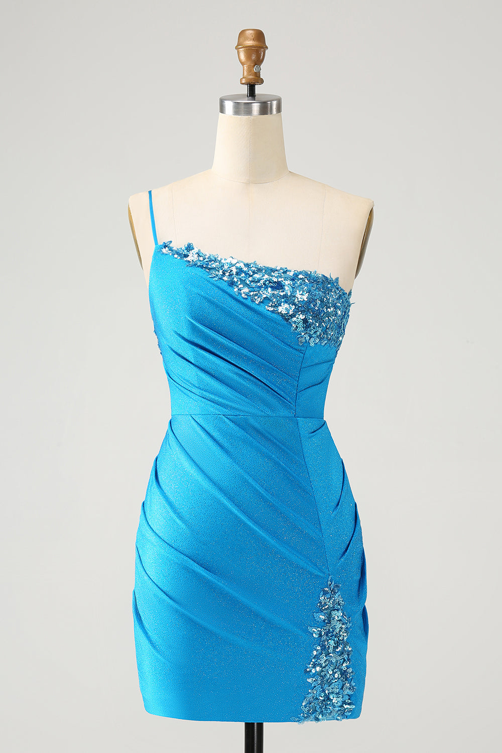 Blue Bodycon One Shoulder Ruched Satin Homecoming Dress with Sequins