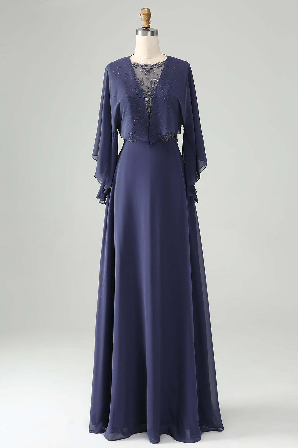 Leely Women Twilight A Line Mother of Bride Dress with Shawl Scoop Chiffon Beaded Long Formal Dress with Appliques
